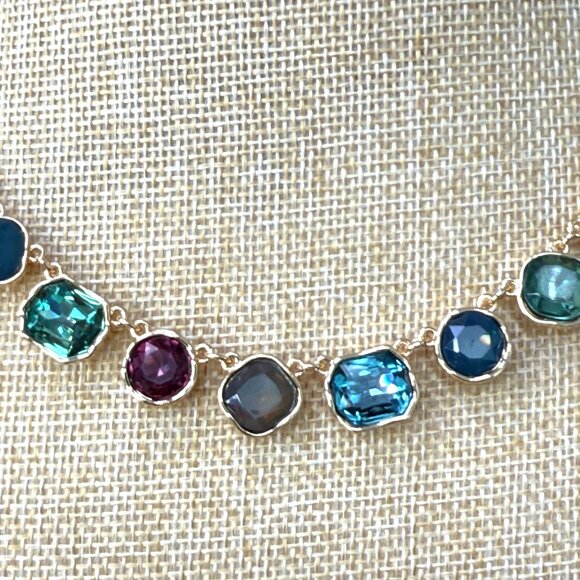 Gold-Tone Necklace With Multi-Colored Glass Gemstones Square & Round Shapes Adju - Picture 3 of 9